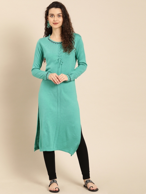 

IMARA Women Turquoise Blue Solid Straight Sweater Kurta