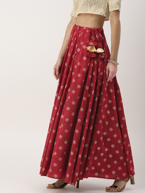 

IMARA Women Red & Gold-Coloured Printed Flared Maxi Skirt