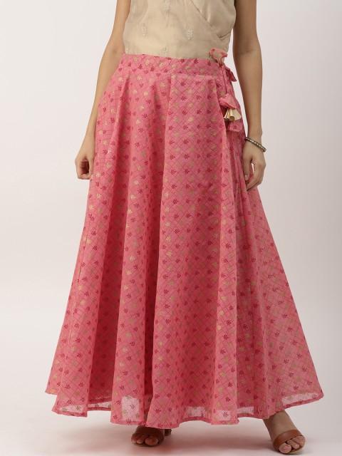 

IMARA Women Pink Printed Flared Ethnic Maxi Skirt