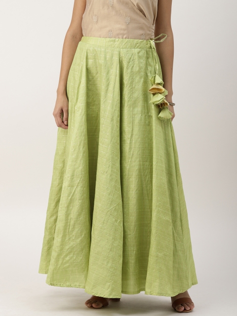 

IMARA Women Light Green & Gold-Toned Checked Flared Maxi Skirt