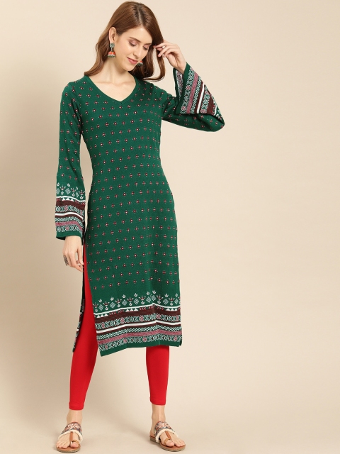 

IMARA Women Teal & Red Woven Design Straight Kurta