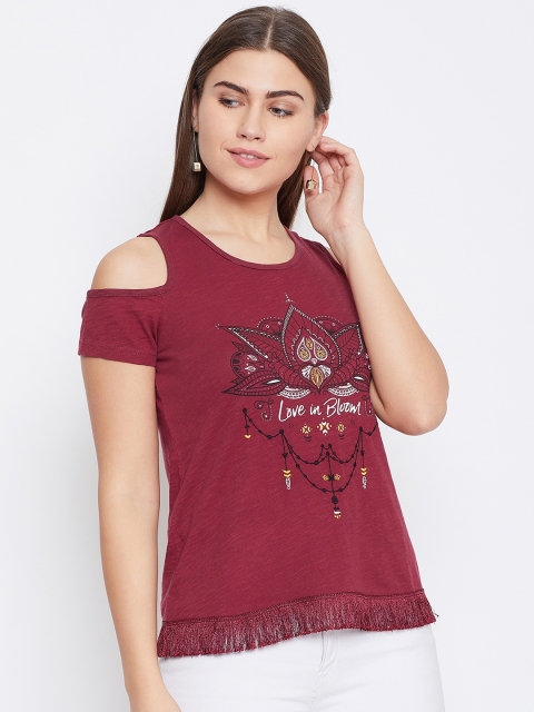 

LA LOFT Women Maroon Printed Cold-Shoulder Top