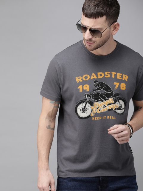 

Roadster Men Charcoal Grey Biker Graphic Printed Round Neck T-shirt