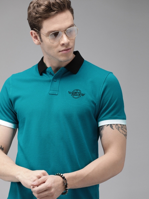 

Roadster Men Teal Green Solid Contrast Polo Collar T-shirt