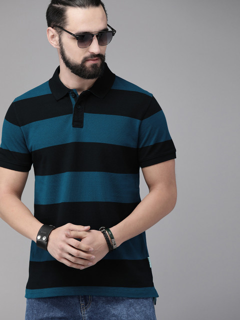 

Roadster Men Blue & Black Striped Polo Collar T-shirt