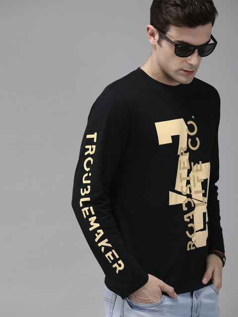 

Roadster Men Black & Cream-Coloured Varsity Number Printed T-shirt with Long Printed Sleeves