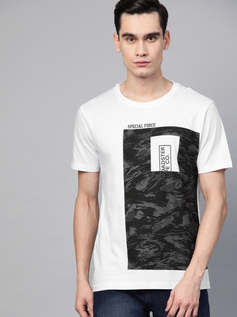 

Roadster Men White & Charcoal Grey Printed Round Neck T-shirt