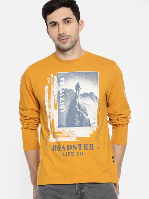 

Roadster Men Mustard Yellow Printed Round Neck T-shirt