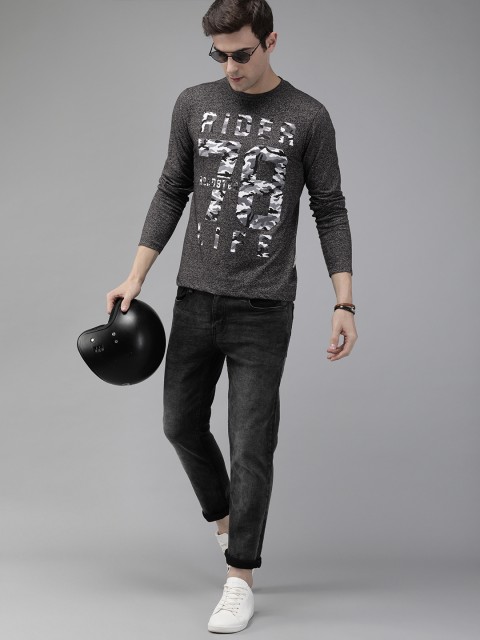 

Roadster Men Grey Number Graphic Printed Round Neck Long Sleeve T-shirt