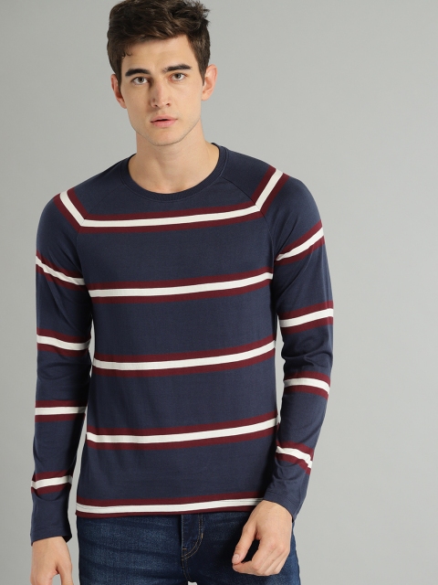 

Roadster Men Navy Blue Striped Round Neck T-shirt