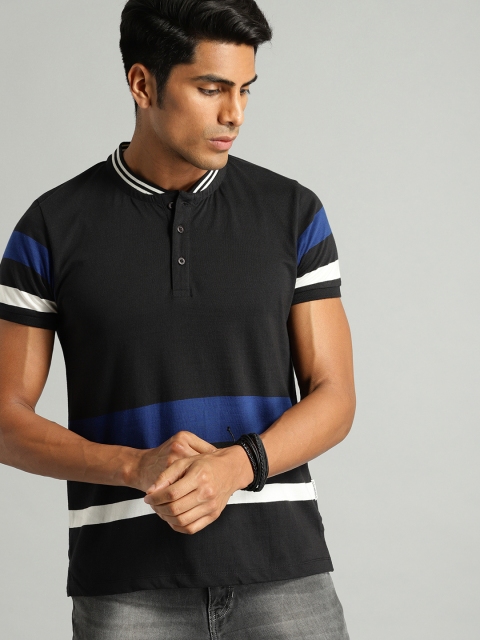 

Roadster Men Black & Blue Striped Mandarin Collar T-shirt