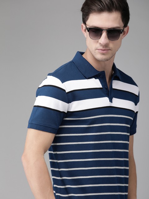 

The Roadster Lifestyle Co Men Blue White Striped Polo Collar Pure Cotton T-shirt
