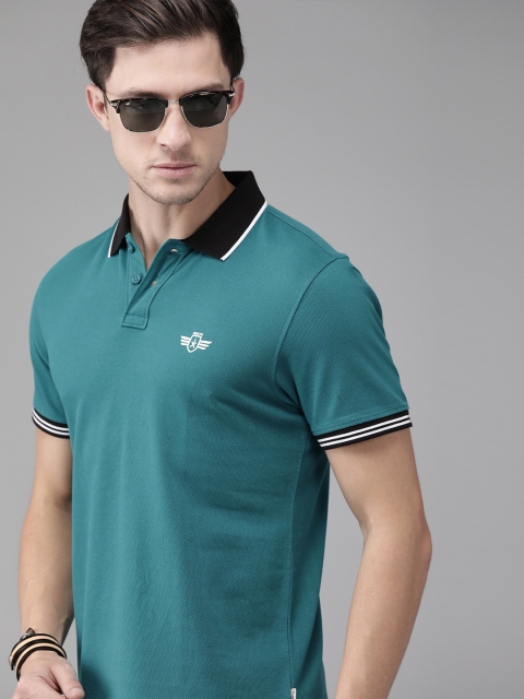 

The Roadster Lifestyle Co Men Teal Blue Solid Polo Collar Pure Cotton T-shirt