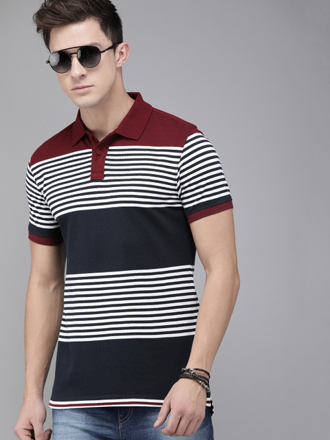 

The Roadster Lifestyle Co Men Navy Blue White Striped Polo Collar Pure Cotton T-shirt