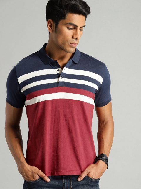 

Roadster Men Red & Navy Blue Striped Polo Collar T-shirt