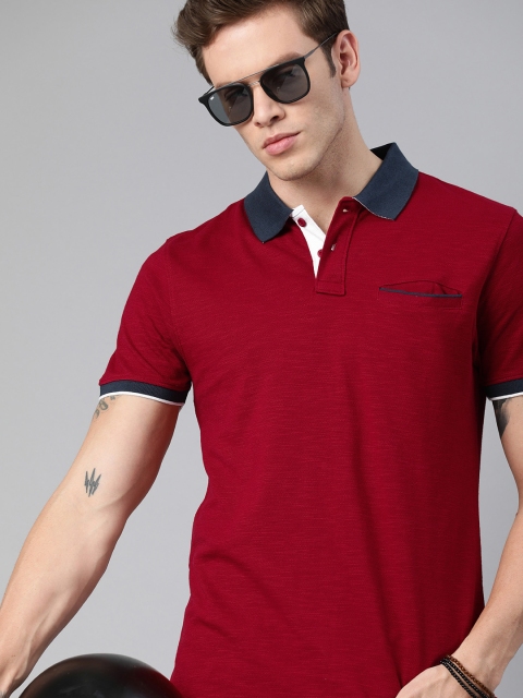 

The Roadster Lifestyle Co Men Red Solid Contrast Polo Collar Pure Cotton T-shirt