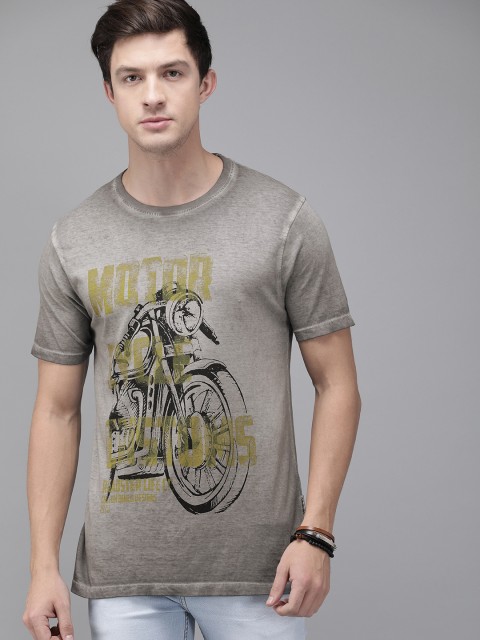 

Roadster Men Grey Printed Round Neck T-shirt