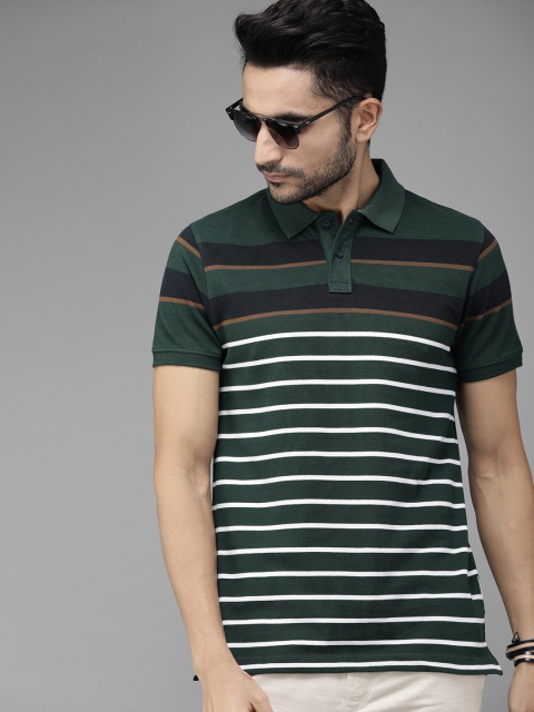 

The Roadster Lifestyle Co Men Green White Striped Polo Collar Pure Cotton T-shirt