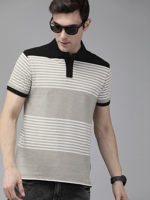 

Roadster Men Grey & Off-White Striped Polo Collar T-shirt