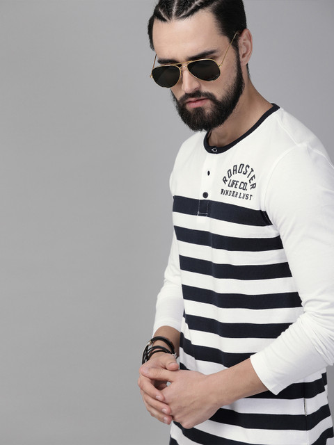 

The Roadster Lifestyle Co Men White Navy Blue Striped Henley Neck Pure Cotton T-shirt