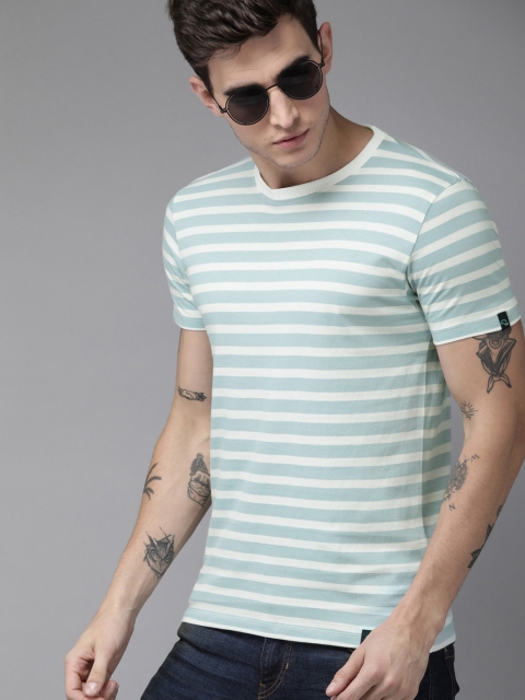 

The Roadster Lifestyle Co Men Blue White Striped Round Neck Sustainable Greenturn Organic Cotton T-shirt