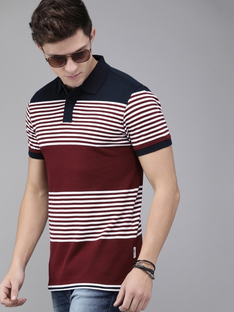 

Roadster Men Maroon & White Striped Polo Collar T-shirt