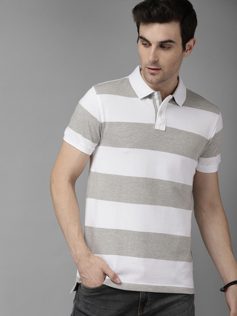 

Roadster Men White & Grey Melange Striped Polo Collar T-shirt