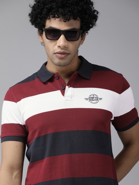 

The Roadster Lifestyle Co Men Maroon Navy Blue Striped Polo Collar Pure Cotton T-shirt