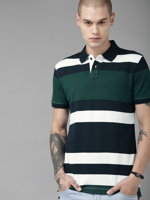 

The Roadster Lifestyle Co Men Navy Blue Green Striped Polo Collar Pure Cotton T-shirt