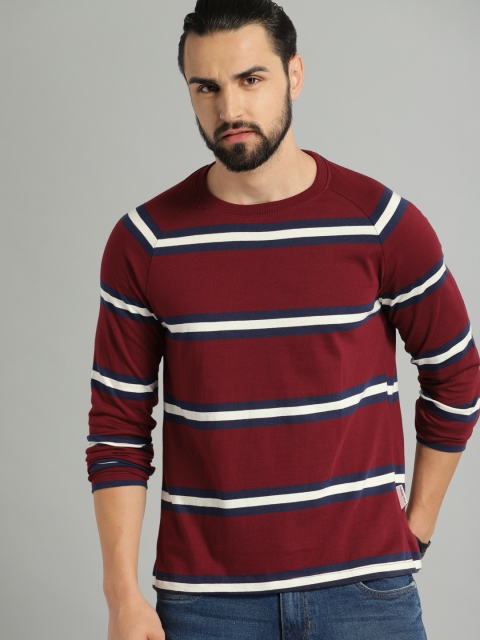 

Roadster Men Maroon & White Striped Round Neck T-shirt