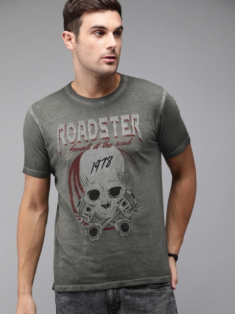 

Roadster Men Grey Printed Round Neck T-shirt