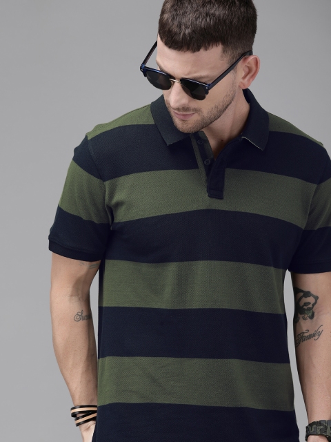 

Roadster Men Navy Blue & Olive Green Striped Polo Collar T-shirt