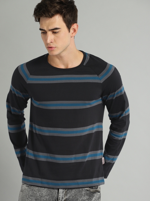 

Roadster Men Black Striped Round Neck T-shirt