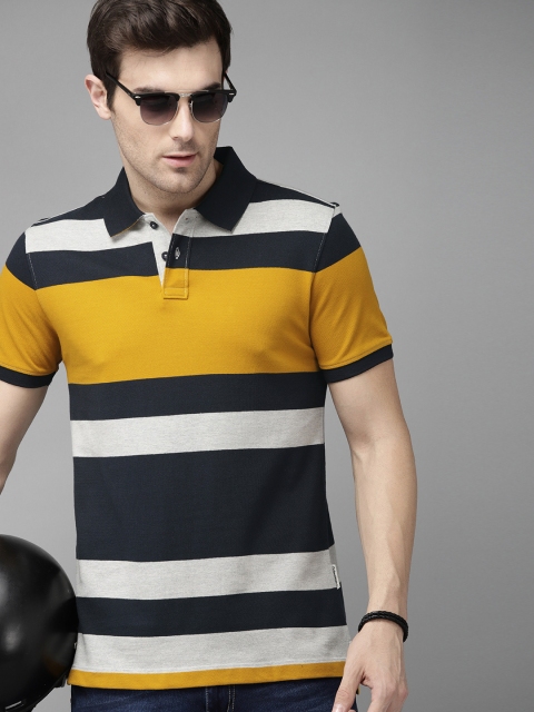 

Roadster Men Mustard Yellow & Navy Blue Striped Polo Collar T-shirt