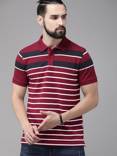 

Roadster Men Maroon % White Striped Polo Collar T-shirt