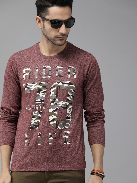

Roadster Men Maroon Textured Camo Printed Round Neck T-shirt