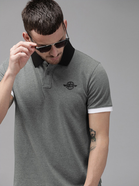 

Roadster Men Grey Melange Solid Polo Collar T-shirt with Applique Detail