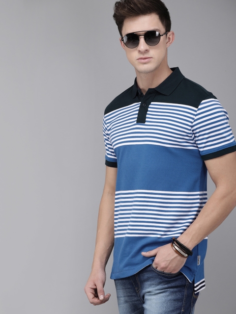 

Roadster Men Blue & White Striped Polo Collar T-shirt