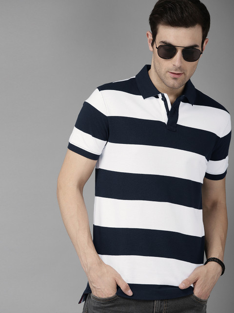 

Roadster Men Navy Blue & White Striped Polo Collar T-shirt