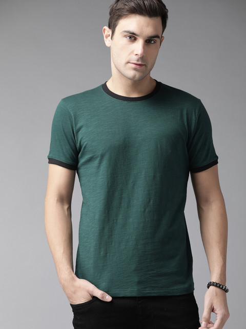 

Roadster Men Green Solid Ringer Round Neck T-shirt