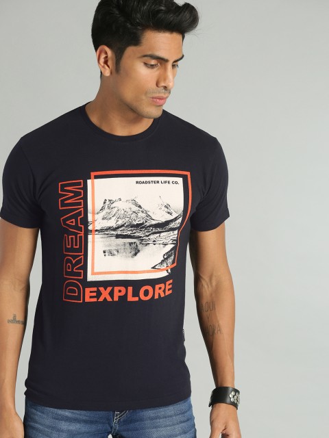 

Roadster Men Black & White Printed Round Neck T-shirt
