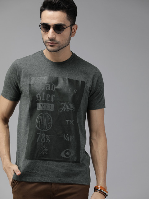 

Roadster Men Grey Printed Round Neck T-shirt