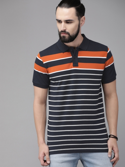 

The Roadster Lifestyle Co Men Navy Blue Grey Melange Striped Polo Collar Pure Cotton T-shirt