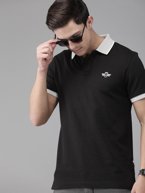 

The Roadster Lifestyle Co Men Black Solid Polo Collar Pure Cotton T-shirt