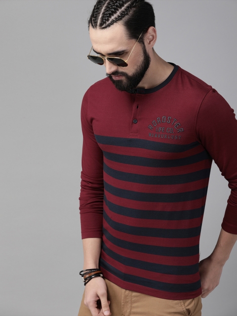 

Roadster Men Maroon & Navy Blue Striped Henley Neck T-shirt