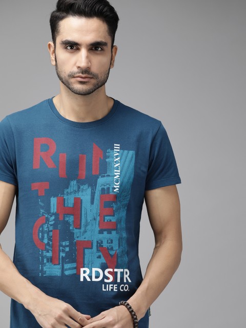 

Roadster Men Blue Printed Round Neck T-shirt