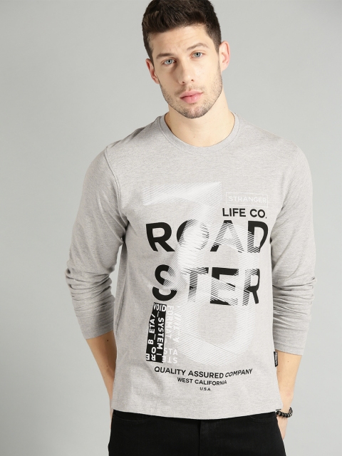 

Roadster Men Grey Melange & Black Printed Round Neck T-shirt