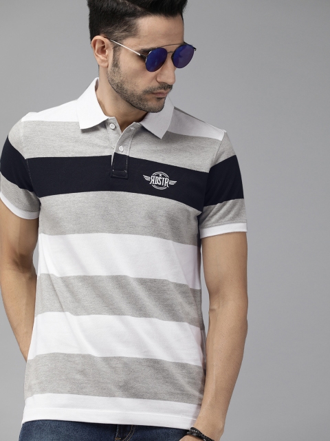 Men Grey White Striped Polo Collar Pure Cotton T-shirt