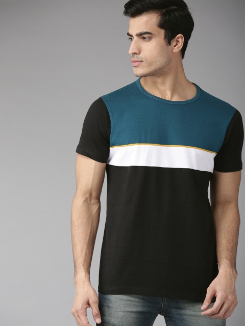 

Roadster Men Black & Teal Blue Colourblocked Round Neck T-shirt