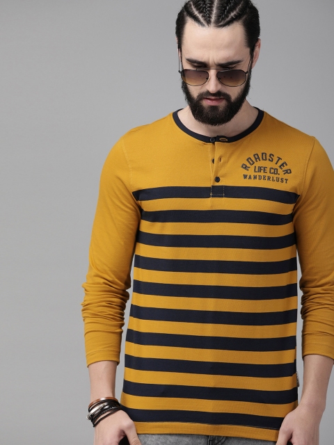 

The Roadster Lifestyle Co Men Mustard Striped Henley Neck T-shirt